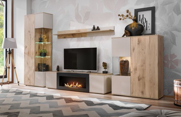 Wohnwand Cathlyn in Viking Eiche und Kaschmir Schrankwand mit Ethanol Kamin, inkl. LED, 350 cm