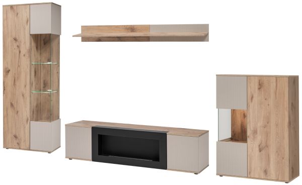 Wohnwand Cathlyn in Viking Eiche und Kaschmir Schrankwand mit Ethanol Kamin, inkl. LED, 350 cm