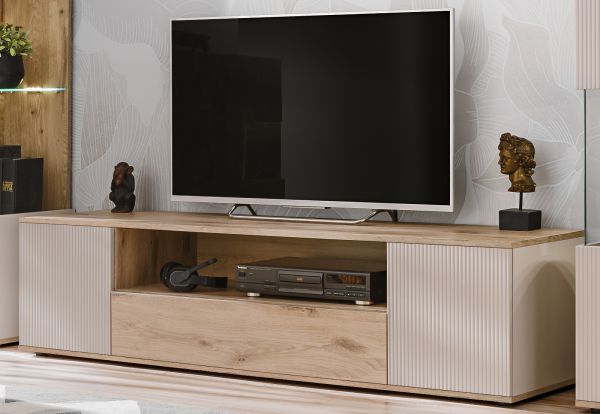 TV-Lowboard Cathlyn in Viking Eiche und Kaschmir TV Unterteil mit gefr�sten Rillen 160 x 42 cm