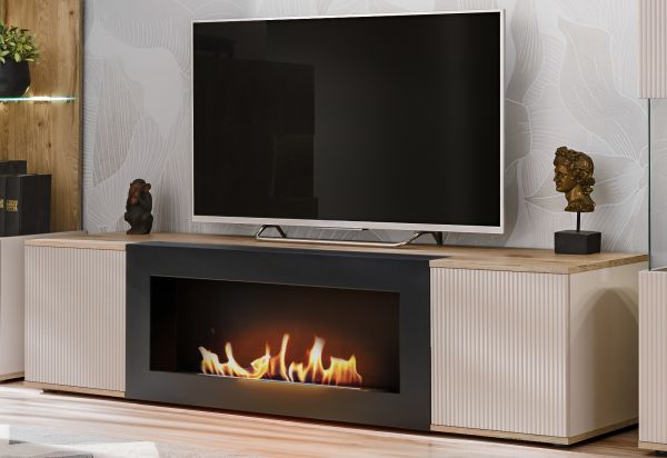 TV-Lowboard Cathlyn in Viking Eiche und Kaschmir TV Unterteil mit Ethanol Kamin 160 cm