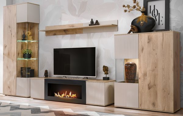 TV-Lowboard Cathlyn in Viking Eiche und Kaschmir TV Unterteil mit Ethanol Kamin 160 cm