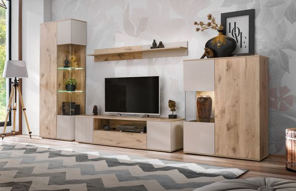 Vitrine Cathlyn in Viking Eiche und Kaschmir Vitrinenschrank mit gefr�sten Rillen inkl. LED