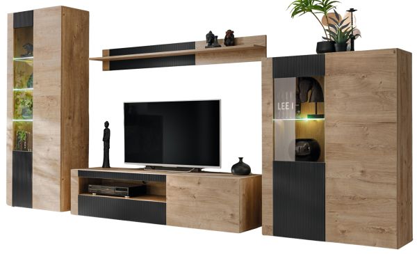 Wohnwand Heron in Ribbeck Eiche und schwarz Schrankwand 4-teilig inkl. Beleuchtung 350 cm