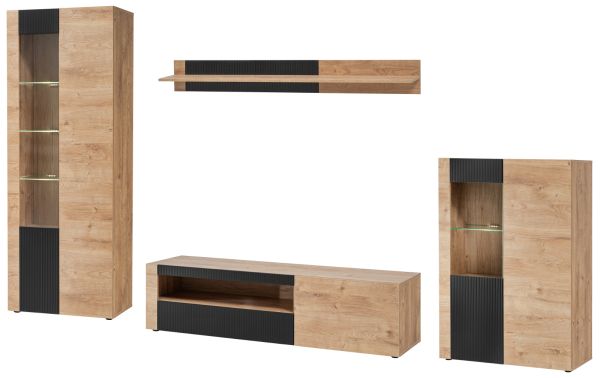 Wohnwand Heron in Ribbeck Eiche und schwarz Schrankwand 4-teilig inkl. Beleuchtung 350 cm