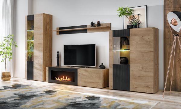 Wohnwand Heron in Ribbeck Eiche und schwarz Schrankwand 4-teilig mit Ethanol Kamin 350 cm