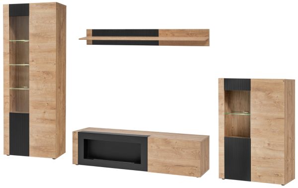 Wohnwand Heron in Ribbeck Eiche und schwarz Schrankwand 4-teilig mit Ethanol Kamin 350 cm