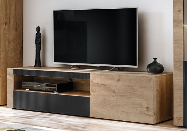 TV-Lowboard Heron in Ribbeck Eiche und schwarz TV Unterteil mit gefr�sten Rillen 160 x 42 cm