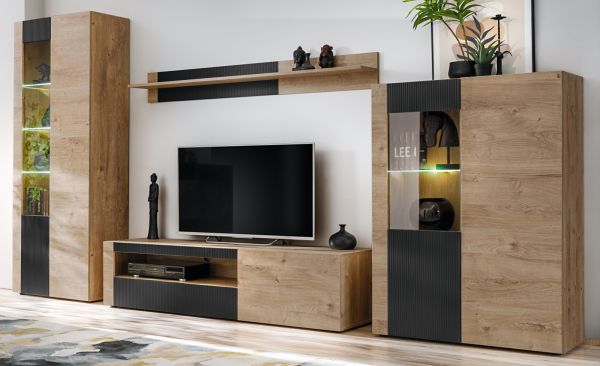 TV-Lowboard Heron in Ribbeck Eiche und schwarz TV Unterteil mit gefr�sten Rillen 160 x 42 cm