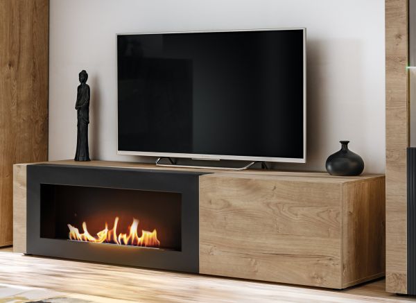 TV-Lowboard Heron in Ribbeck Eiche und schwarz TV Unterteil mit Ethanol Kamin 160 x 42 cm