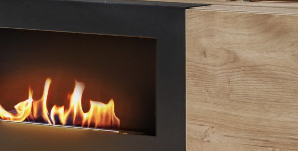 TV-Lowboard Heron in Ribbeck Eiche und schwarz TV Unterteil mit Ethanol Kamin 160 x 42 cm