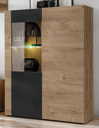 Vitrinenschrank Heron in Ribbeck Eiche und schwarz Vitrine mit gefr�sten Rillen inkl. LED