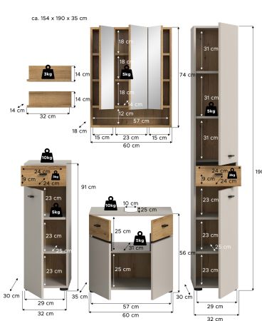 Badm�bel Set Matteo in Kaschmir und Evoke Eiche Badkombination 154 x 191 cm