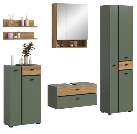 Badm�bel Set Matteo in gr�n und Evoke Eiche Badkombination 207 x 191 cm