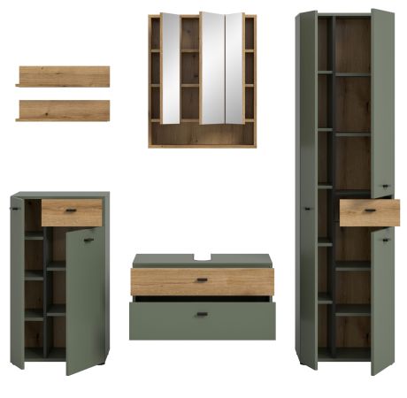 Badm�bel Set Matteo in gr�n und Evoke Eiche Badkombination 207 x 191 cm