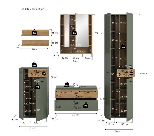 Badm�bel Set Matteo in gr�n und Evoke Eiche Badkombination 207 x 191 cm