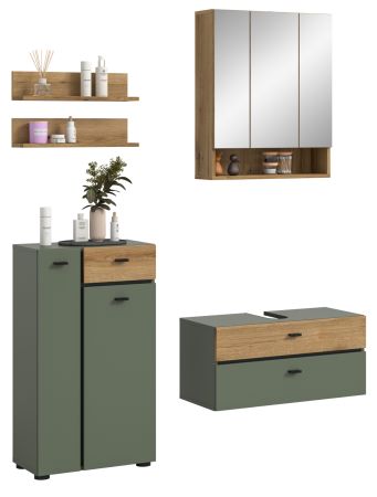 Badm�bel Set Matteo in gr�n und Evoke Eiche Badkombination 141 x 191 cm