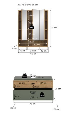 Badm�bel Set Matteo in gr�n und Evoke Eiche Badkombination 75 x 191 cm