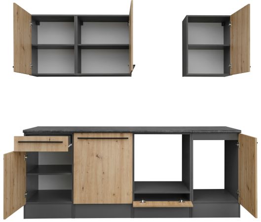 K�chenzeile Smart in Artisan Eiche und Grau, K�chenschrank Set 7-teilig 220 x 210 cm