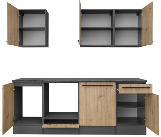 K�chenzeile Smart in Artisan Eiche und Grau, K�chenschrank Set 7-teilig 220 x 210 cm