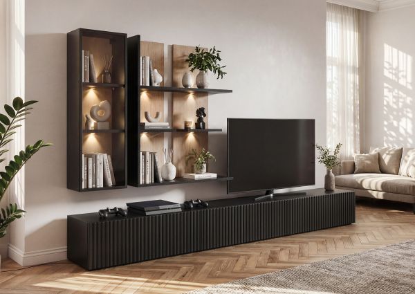 Wohnwand Secret in schwarz und Vicking Eiche Anbauwand inkl. LED 6-teilig 300 x 160 cm, Push-to-Open-Funktion