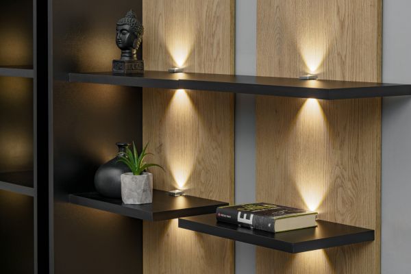 Wohnwand Secret in schwarz und Vicking Eiche Anbauwand inkl. LED 6-teilig 300 x 160 cm, Push-to-Open-Funktion