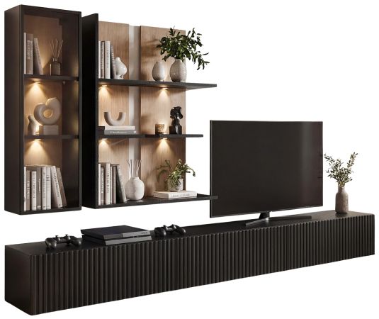 Wohnwand Secret in schwarz und Vicking Eiche Anbauwand inkl. LED 6-teilig 300 x 160 cm, Push-to-Open-Funktion