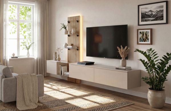 Wohnwand Sweet in Lehm-Grau und Evoke Eiche Schrankwand h�ngend mit LED 220 cm, Push-to-Open