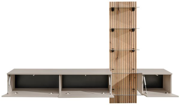 Wohnwand Sweet in Lehm-Grau und Evoke Eiche Schrankwand h�ngend mit LED 220 cm, Push-to-Open