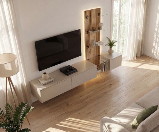 Wohnwand Sweet in Lehm-Grau und Evoke Eiche Schrankwand h�ngend mit LED 220 cm, Push-to-Open