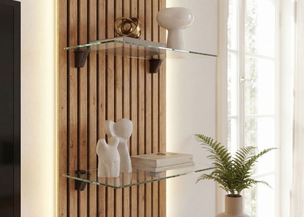 Wohnwand Sweet in Lehm-Grau und Evoke Eiche Schrankwand h�ngend mit LED 220 cm, Push-to-Open