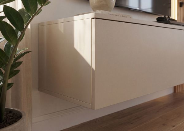 Wohnwand Sweet in Lehm-Grau und Evoke Eiche Schrankwand h�ngend mit LED 220 cm, Push-to-Open