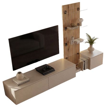 Wohnwand Sweet in Lehm-Grau und Evoke Eiche Schrankwand h�ngend mit LED 220 cm, Push-to-Open