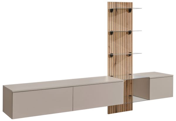 Wohnwand Sweet in Lehm-Grau und Evoke Eiche Schrankwand h�ngend mit LED 220 cm, Push-to-Open