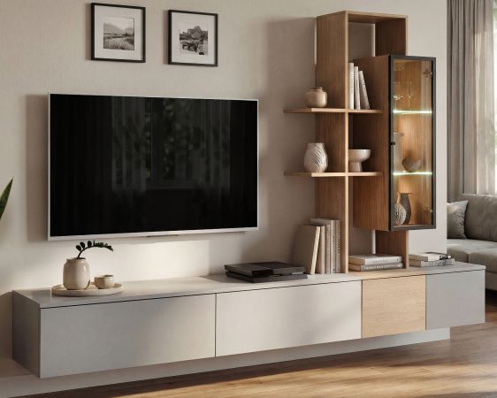 Wohnwand Leonie in Arktis-Grau und Cremona Eiche Schrankwand h�ngend 240 cm, LED und Push-to-Open