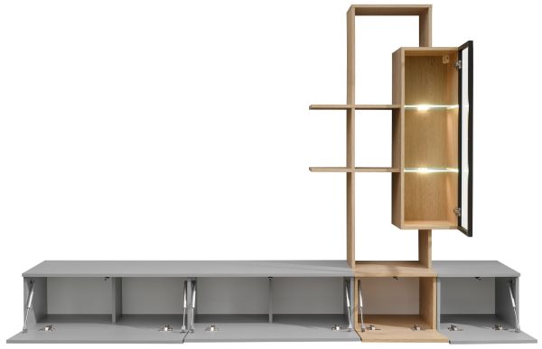 Wohnwand Leonie in Arktis-Grau und Cremona Eiche Schrankwand h�ngend 240 cm, LED und Push-to-Open