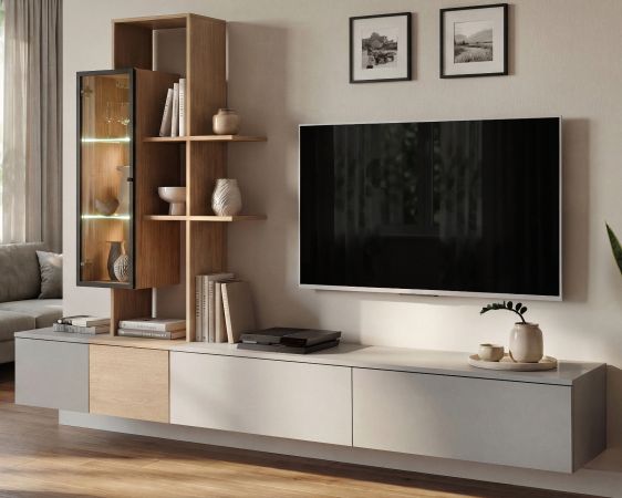 Wohnwand Leonie in Arktis-Grau und Cremona Eiche Schrankwand h�ngend 240 cm, LED und Push-to-Open