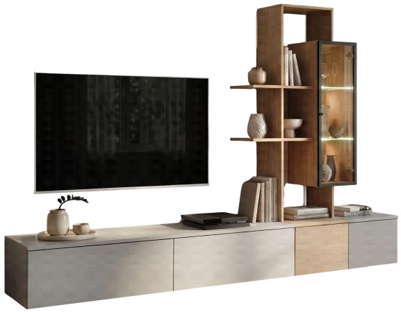 Wohnwand Leonie in Arktis-Grau und Cremona Eiche Schrankwand h�ngend 240 cm, LED und Push-to-Open