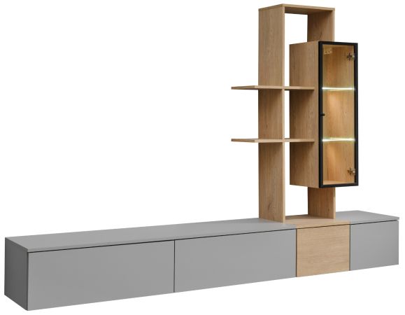 Wohnwand Leonie in Arktis-Grau und Cremona Eiche Schrankwand h�ngend 240 cm, LED und Push-to-Open