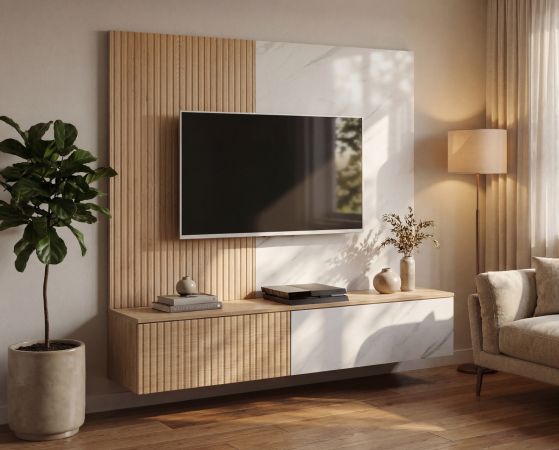 TV-Lowboard Set Arion in Cremona Eiche und Marmor wei� 160 cm, Flat-TV Unterschrank mit Wandpaneel h�ngend