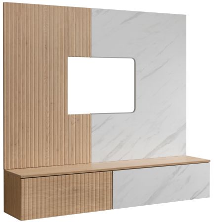 TV-Lowboard Set Arion in Cremona Eiche und Marmor wei� 160 cm, Flat-TV Unterschrank mit Wandpaneel h�ngend