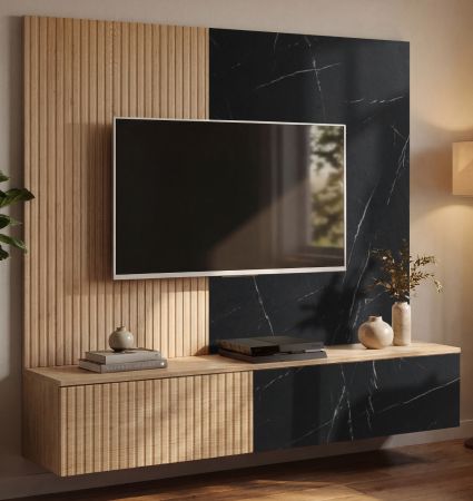 TV-Lowboard Set Arion in Cremona Eiche und Marmor schwarz 160 cm, Flat-TV Unterschrank mit Wandpaneel h�ngend