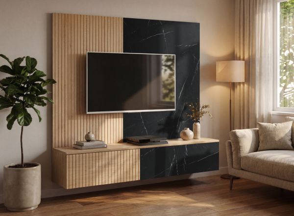 TV-Lowboard Set Arion in Cremona Eiche und Marmor schwarz 160 cm, Flat-TV Unterschrank mit Wandpaneel h�ngend