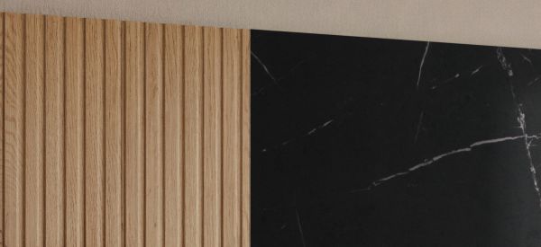 TV-Lowboard Set Arion in Cremona Eiche und Marmor schwarz 160 cm, Flat-TV Unterschrank mit Wandpaneel h�ngend