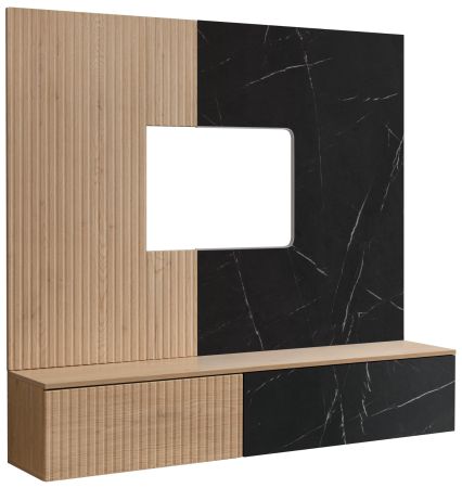 TV-Lowboard Set Arion in Cremona Eiche und Marmor schwarz 160 cm, Flat-TV Unterschrank mit Wandpaneel h�ngend