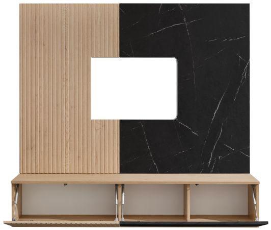 TV-Lowboard Set Arion in Cremona Eiche und Marmor schwarz 160 cm, Flat-TV Unterschrank mit Wandpaneel h�ngend