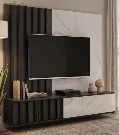 TV-Lowboard Set Brion in Graphit Eiche und Marmor wei� 160 cm, Flat-TV Unterschrank mit Wandpaneel h�ngend
