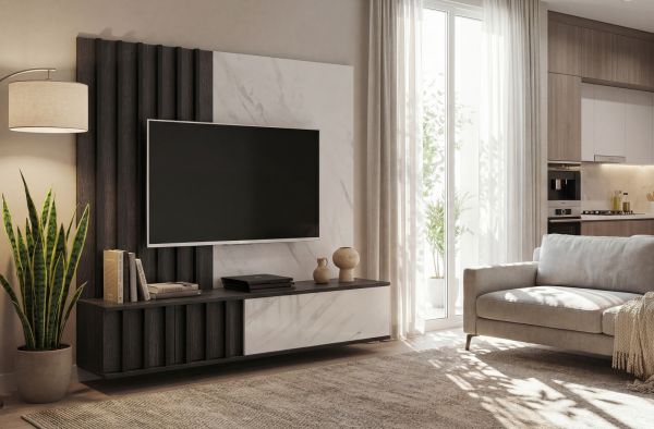 TV-Lowboard Set Brion in Graphit Eiche und Marmor wei� 160 cm, Flat-TV Unterschrank mit Wandpaneel h�ngend
