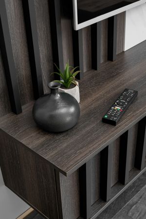 TV-Lowboard Set Brion in Graphit Eiche und Marmor wei� 160 cm, Flat-TV Unterschrank mit Wandpaneel h�ngend