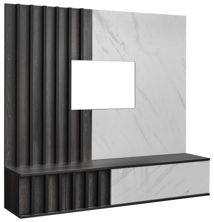 TV-Lowboard Set Brion in Graphit Eiche und Marmor wei� 160 cm, Flat-TV Unterschrank mit Wandpaneel h�ngend