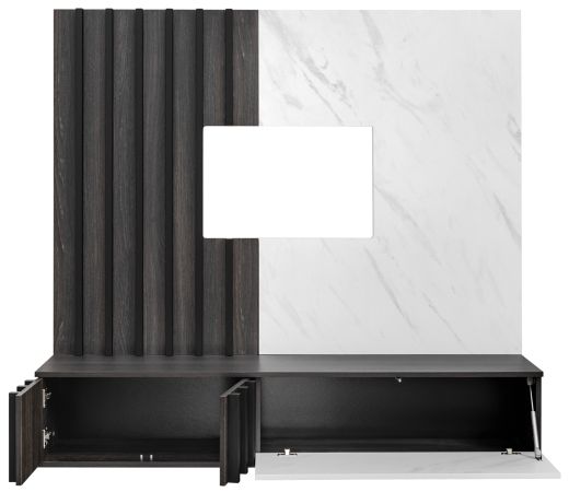 TV-Lowboard Set Brion in Graphit Eiche und Marmor wei� 160 cm, Flat-TV Unterschrank mit Wandpaneel h�ngend